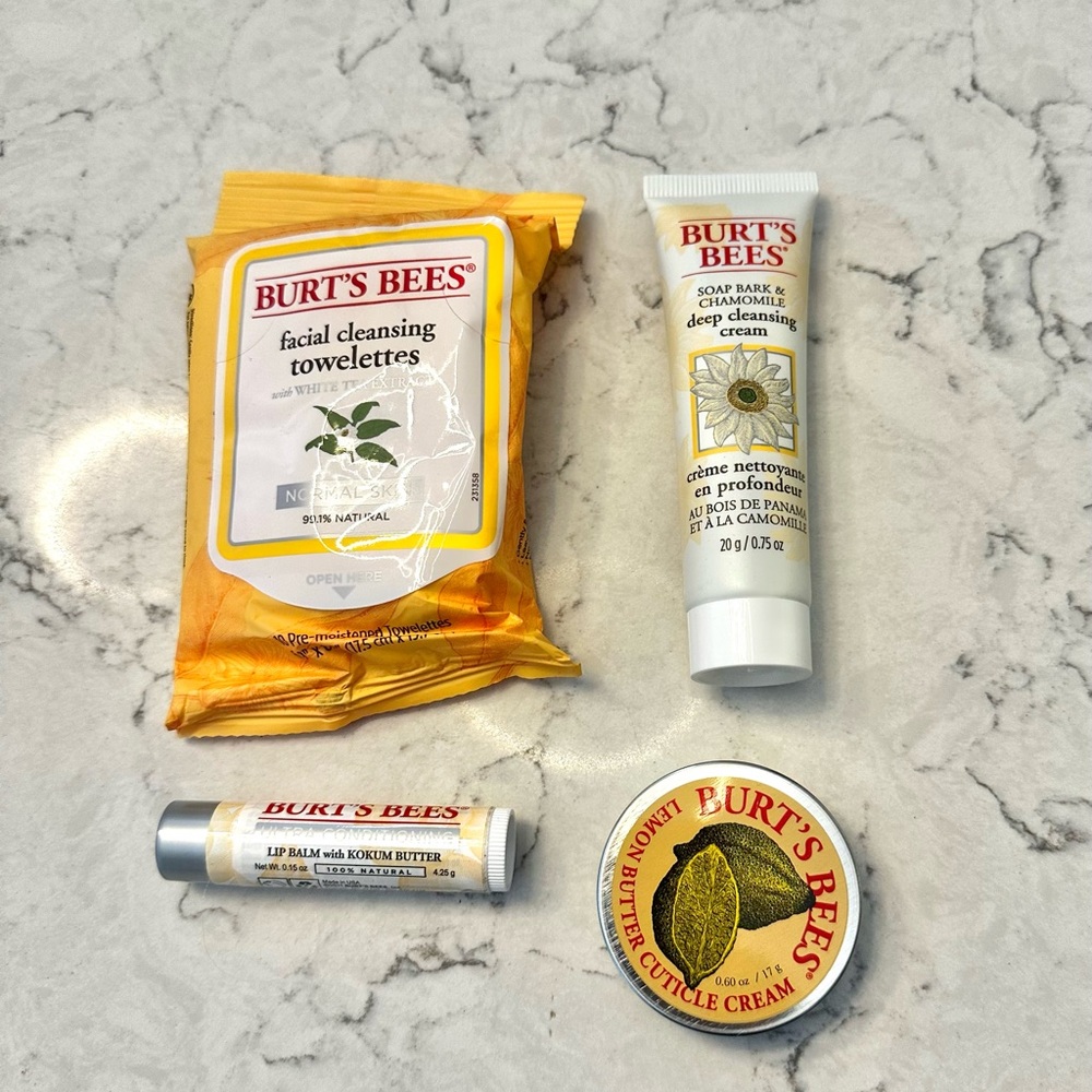 NEW Burt's Bees Lot 4 Items Cuticle Cream Lip Balm Cleansing Cream & Towelettes